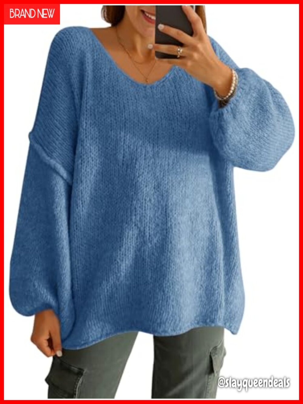 Oversized V Neck Sweater Chunky Lantern Sleeve Knit Top